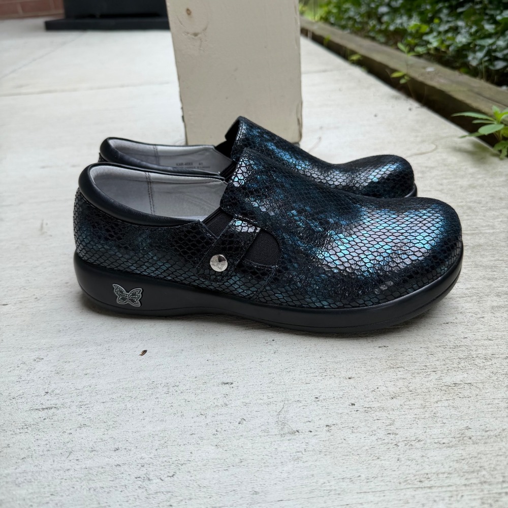 Alegria slip on clog Navy Black Iridescent Snakeskin Leather Shoes Women size 41